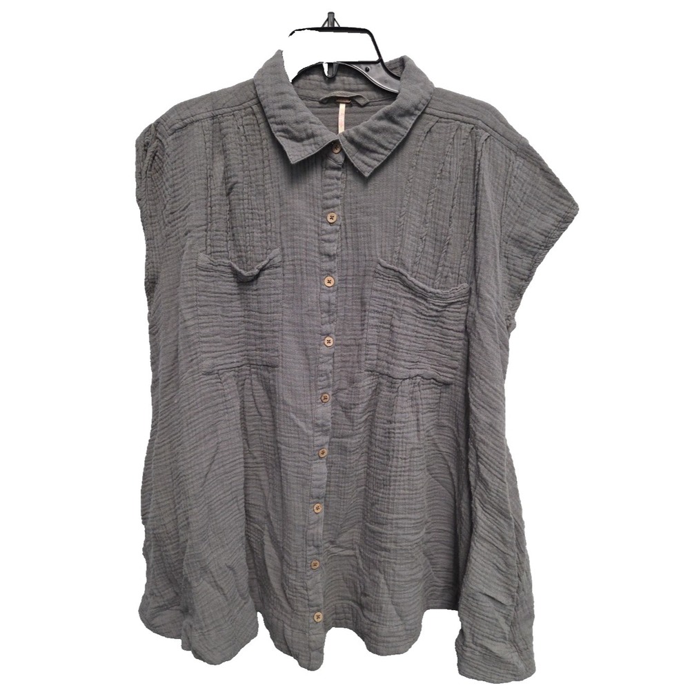 Free People Medium Cotton Gauze Button Front Mini Shirtdress Tunic Pockets Gray